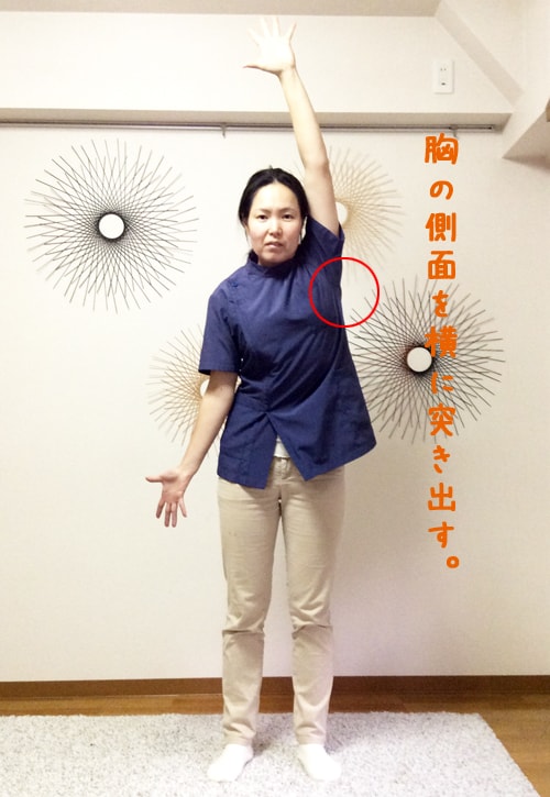 片手を体の横で円を描くように大きく上にあげる。その際、胸の側面を横に出すように。