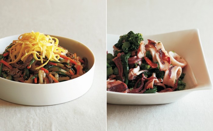 左:韓国風五色野菜マリネ、右:菜の花とやりいかのマリネ