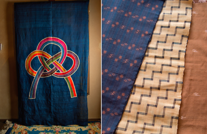 右/琉球絣と久米島紬。右端の久米島紬は伝統的なツバメ柄。左/箪笥にかける覆いとして使用された油単。沖縄の紅型のもの。