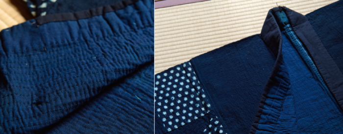 右/作業着として着用された刺子着物「どんざ」。左/どんざのアップ。はりめぐらされた手縫針目に圧倒される。