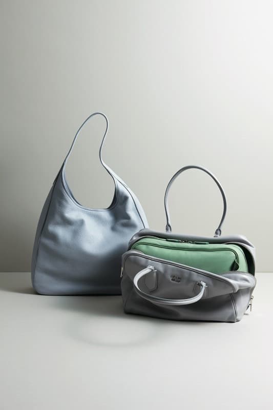 ホワイトバッグ〈H28.5×W34×D9㎝〉20万3000円、グレー×グリーン の2重構造のバッグ37万7000円*写真のバッグは参考商品。(プラダ/プラダ ジャパンカスタマーリレーションズ)