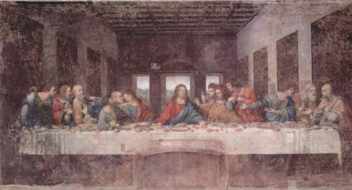最後の晩餐(修復前) 「Il cenacolo」1495-1498 Leonardo da Vinci (Milano, Chiesa di Santa Maria delle Grazie) 出典 : Wikimedia Commons 