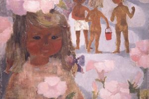 《ハマヒルガオと少女》 1950年代中頃　ちひろ美術館蔵。夏の海の一場面。水彩のイメージが強いちひろだが、本展では油彩画も見られる。