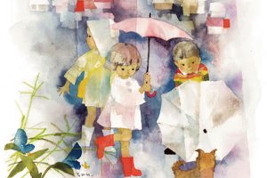 《小犬と雨の日の子どもたち》1967年　ちひろ美術館蔵。ちひろの生涯のテーマだった子ども。「媚びが一切ないのに可憐」と松本さん。