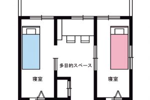 【子ども部屋をリフォームして寝室を別に。適度な距離を保つ工夫は？】クローゼットつきの寝室を左右に振り分け、真ん中に多目的スペースを設けた例。入り口を引き戸にし、必要に応じ空間をつなげられるように。緩衝ゾーンを共有のクローゼットにしても。