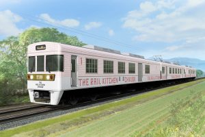 キッチンクロスをイメージした赤いチェックの列車外観。