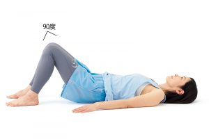 1.床に仰向けに寝て両手のひらは床へ。脚は腰幅に開いて立たせる。膝の角度は90度に曲げる。