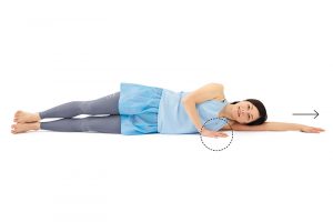 1.床に横向きに寝て、床側の手は頭の上にまっすぐ伸ばし、反対側の手は床につける。体を前に倒さないこと。