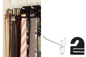 ワイヤーネット用フック（下写真左）に、ベルトやネクタイを1本ずつ掛けられるネクタイフックを掛けて。F-Fitネクタイフック 10枚組 450円（シンコハンガー）