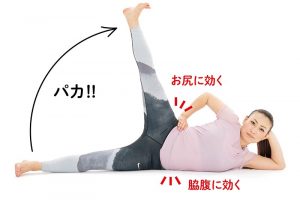 2.身体が傾かないように、 脚を真上に向かって開く。1の姿勢を保ったまま上側の脚を真上に開い て、閉じる。この時、身体が傾かないようお尻と脇腹の筋肉を意識して使う。身体の向きを変えて同様に。各3セット、計6セット行う。