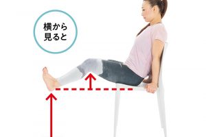 横から見たときに、かかとが座面と同じ高さになるよう、両脚を持ち上げる。ひざは軽く曲げる程度に。