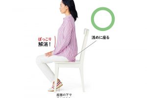 座骨を立てて座る。椅子に浅く腰かけ、足を座面の下に入れて揃える。この簡単な座り方が背すじの伸びた上半身の姿勢を作る。ぽっこりラインもきれいに!