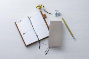 日別ページは１Pに２日を記載、日曜日のみ１P大に。予定だけでなく、備忘録や日記なども書き込める。