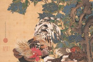 伊藤若冲　《紫陽花双鶏図》　絹本着色　一幅　139.4×85.1cm　エツコ＆ジョー・プライスコレクション