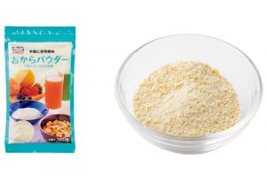 【やや粗め】均等な粗さのパウダーは、お菓子作りや揚げ物の衣にも。おからパウダー 120g 参考価格200円（おとうふ工房 いしかわ TEL.0120-418-102）