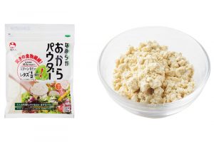 【細かめ】グローバルGAP認証大豆を使用。小麦粉のような細かい粒子が特徴。なめらかおからパウダー 120g 参考価格250円（旭松食品 TEL.0120-306-020）