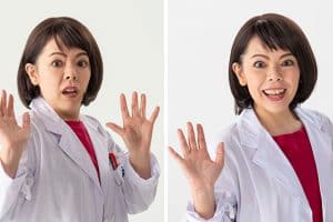 顎のたるみと丸い輪郭が目立った以前の顔が２週間後に同じポーズをすると、すっきり顔で今まで以上に沢口さん激似の表情が実現！