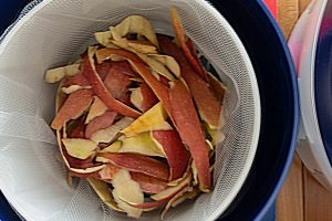 先日、りんごのピュレを作ったときに出た皮の部分（ホントは皮も食べたほうが食品ロスは減るのですが、ピュレはどうしても実だけで作りたかったのです）。量ってみたら115gでした（ザルは除く）。