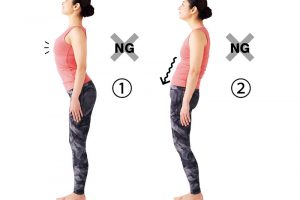 （NG1）胸を張ると、腰と背中に無駄な力があ加わり、筋肉に変なクセがつきやすい。（NG2）お腹の力が抜けていると背中や首も曲がるため、肩こりの原因にも。