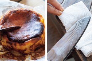【ポイント】チーズケーキをカットするコツ：切り口を美しく見せることも大切。熱湯で温め、手早く水分を拭き取った包丁で垂直にカット。1回ごとに包丁を温めて。