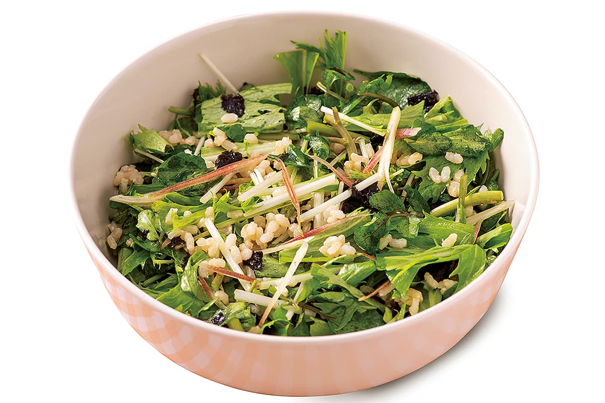 野菜と混ぜて、雑穀サラダのように。クレソンと水菜のハリハリ発芽玄米サラダのレシピ。
