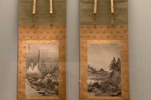 国宝　秋冬山水図　雪舟筆（室町時代、東京国立博物館）。雪舟の最もよく知られた作品のひとつ。