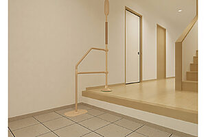 玄関での靴の脱ぎ履きや立ち座りを助ける手すりの施工例。バディー（L型サイドバー45セット） 月額516円