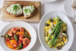 【せいろで】ニース風サラダ、チキンと夏野菜のカチャトーラ、ズッキーニのチーズディップ