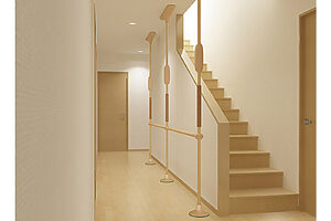 廊下に突っ張り棒タイプの手すりを設置した例。簡単に撤去もできる