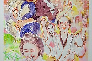『べらぼう〜蔦重栄華乃夢噺〜』29話イメージイラスト／蔦重流「仇打ち」である黄表紙『江戸生艶気樺焼』が贅沢な大河ドラマキャストで披露された。かをりの笑顔が美しい／南天