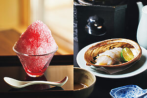 （右）甘みと歯ごたえが持ち味の蝦夷アワビをしゃぶしゃぶで。食事は客室でゆっくり楽しめる。（左）温泉で温まった後は、かき氷（夏季限定）や生ビール、ハーブティーなどの「湯上りサービス」を