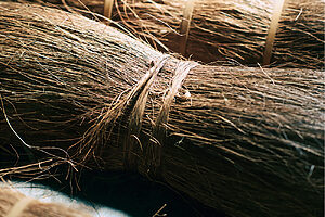 1. 原料の棕櫚。繊維の太さによって束ね、製品より2ミリ長くカットする