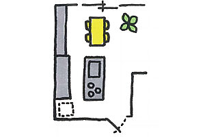 【Ⅰ型アイランド】シンクとコンロを、島のように据える回遊性の高い配置。空間に余裕のある家向き。背面には収納棚を作ることが多い