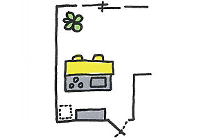 【Ⅰ型オープン】一般的なⅠ型キッチンを独立させ、ダイニングテーブルにもなるカウンターを造作。限られた空間を有効活用可能