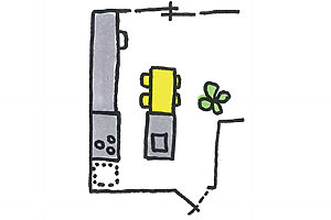 【Ⅱ型】シンクとコンロが分かれたⅡ型はコンパクトさが魅力。長さが短いぶんテーブルを並べて置けるので、配膳もラク