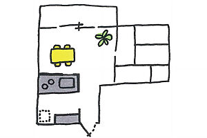 【よくある間取り例】少し前まで主流だった、Ⅰ型キッチンを壁で囲み、シンク前に開口部を作った台所。行き止まりで閉塞感がある