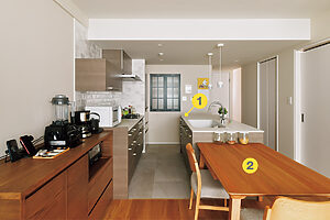 ❶コンパクトながら作業スペースもあるⅡ型キッチンを縦に並べ、リビングへも玄関方面にも抜けやすい動線を確保。❷テーブルを隣接させ、コンパクトかつ使いやすいレイアウトに