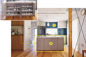 ❶背面には使用頻度が低い吊り戸棚はつけずに、お気に入りのタイルを貼った。リビングからも鮮やかなブルーが目に入り、気持ちが上がるという。❷食器はすべて、アイランドのリビング側に収納