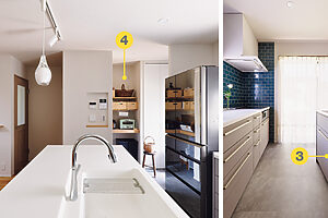 ❸フルオープンタイプで節水効果も高い最新食器洗い機。❹リビングから見えない場所にパントリーを作り、家電やストック食品を格納した