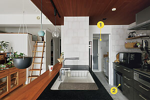 ❶Ⅱ型キッチンを縦に配置し、バルコニーから洗面所までアクセスを一直線に。❷ゴミの分別が進む昨今。複数のゴミ箱のスペースを背面収納に確保した