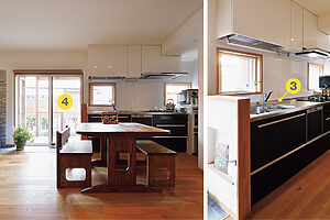 ❸とことんシンプルなキッチン設備だが、食器洗い機は完備。❹メインの開口部は、庭の景色が楽しめるようにあえて北側に設けた。夫の希望というペレットストーブを窓際に