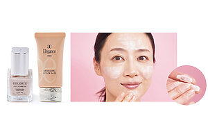 左・コスメデコルテ／ロージー グロウライザー ＋　右・エレガンス／モデリング カラーベース OR200「素肌の色に合わせベースカラーを選んで」。指先になじませ、頬、額、顎先に大きめに置く。指の腹で内から外へと顔全体にのばす