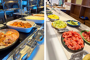 品数豊富なビュッフェ。肉類も新鮮なフルーツも