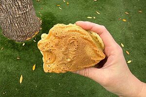 狭山茶処 新井園本店のライオンズ焼き 400円（税込）。中身はあんことカスタードの2種類。みるみるうちに行列が伸びていくライオンズ名物の人気グルメ