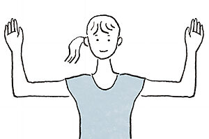 2. 肘を曲げて腕を横に広げ、胸を開きながら息を吸い込む。腕は体の真横に持っていき、肺を広げてたっぷりと空気を取り込むイメージで