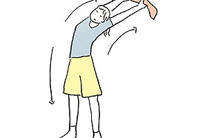 1. 両手でタオルを持ち、頭上に上げてバンザイのポーズ。そこから上体をそらして10秒キープ。バンザイに戻り、膝を伸ばしたまま前屈して10秒キープ