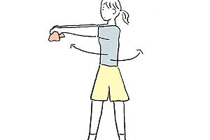 3. 腕を前に伸ばして肩の高さでタオルを持つ。おへそは正面を向けたままで上半身を左方向にひねって10秒キープ。正面に戻り、右方向にひねって10秒キープ