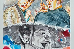 『べらぼう〜蔦重栄華乃夢噺〜』46話イメージイラスト／写楽の絵のために名場面を演じる大田南畝と宿屋飯盛。治済の恐ろしい表情の理由は？／南天