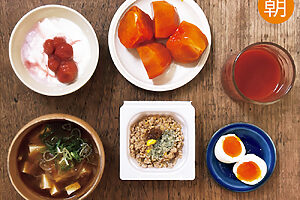 ・ヨーグルト＆いちごジャム　・ゆで卵＆オリーブオイル　・豆腐と玉ねぎとねぎの味噌汁　・納豆＆ヘンプシード＆しょうゆ麹＆アマニ油　・トマトジュース　・柿<br> ➡25.0g