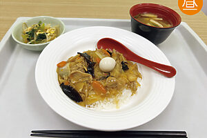 ［社員食堂で］<br> ・中華丼　・お味噌汁　・もやしのナムル<br> 打ち合わせが終わり、空腹も頂点に。社食に駆け込む。<br> ➡20.0g